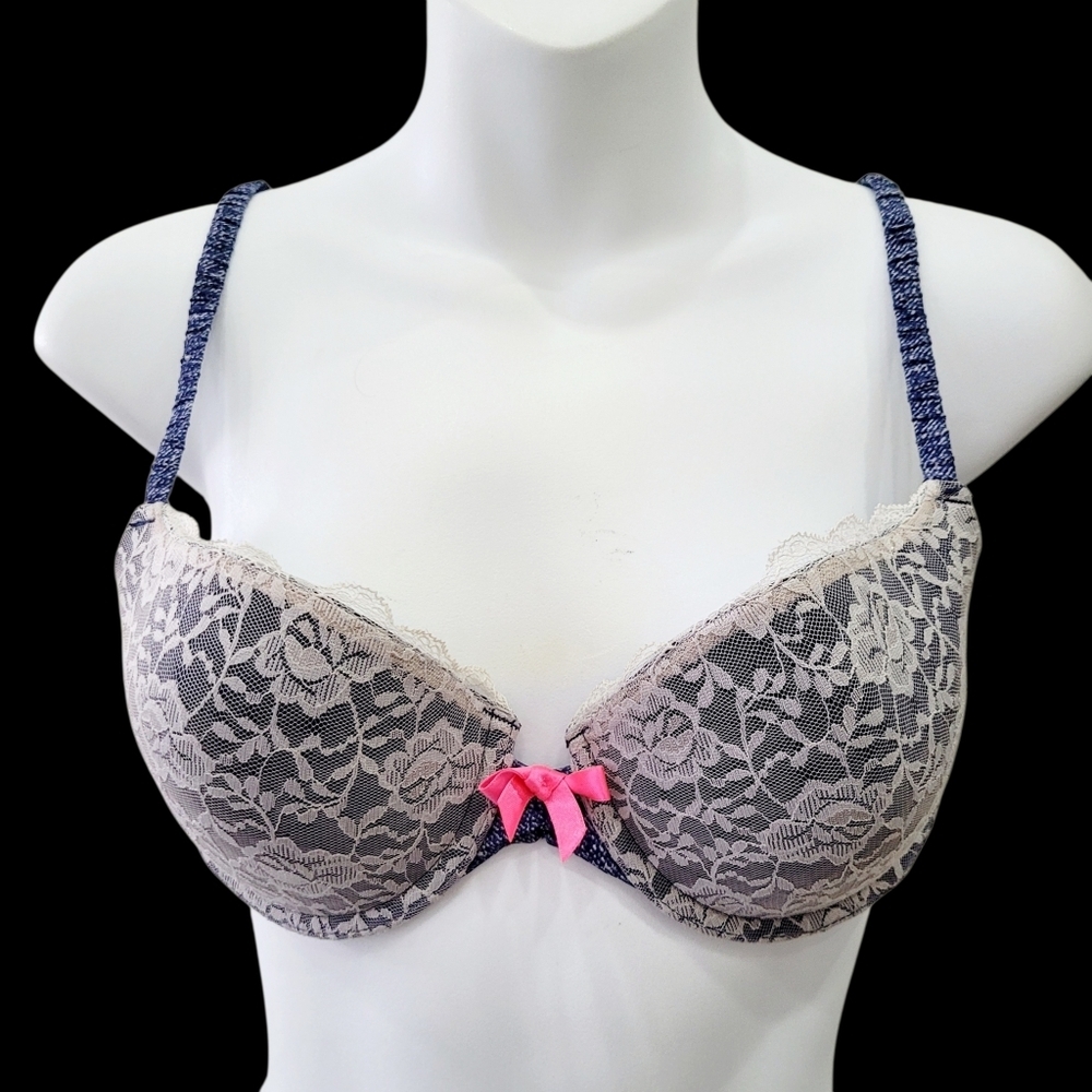 La Senza Navy Blue White Lace Wire Bra Size: 34C